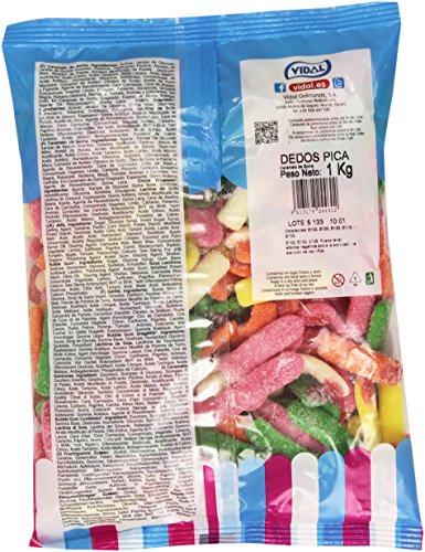 Vidal Golosinas. Dedos Pica surtidos. Caramelo de goma con sabor pica. Colores rosa, amarillo, naranja y verde. Bolsa 1 kg