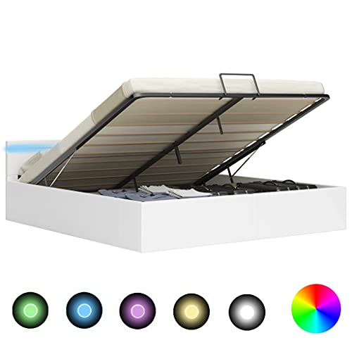 vidaXL Cama Canapé Hidráulica con LED Cuero Sintético Somier Decoración Interior Resistente Robusta Duradera Práctica Cómoda Útil Blanco 180x200cm