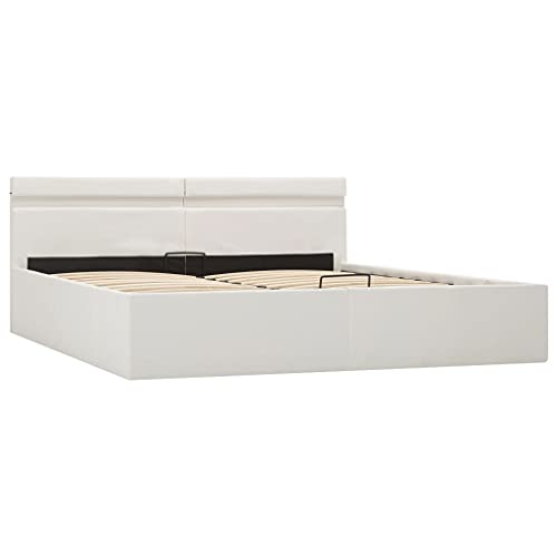 vidaXL Cama Canapé Hidráulica con LED Cuero Sintético Somier Decoración Interior Resistente Robusta Duradera Práctica Cómoda Útil Blanco 180x200cm