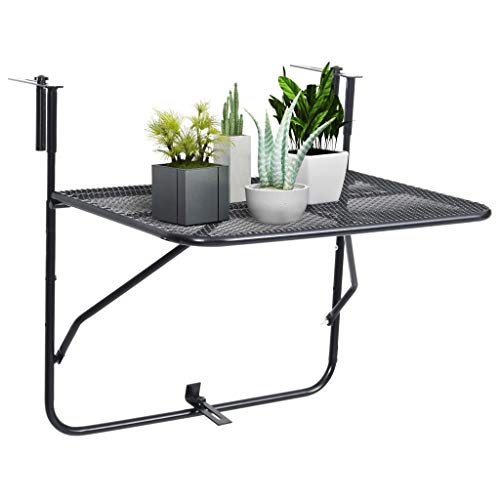 vidaXL Mesa de Balcón Auxiliar Exterior Plegable Terraza Bebida Libros Café Colgante Mesita Industrial Robusto Estable de Acero Negro