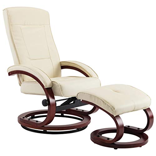 vidaXL Sillón Relax Reclinable Piel Sintética Madera Reposapiés Aparte Butaca Abatible Relajación Confort Reclinación Manual Cuero Artificial Crema