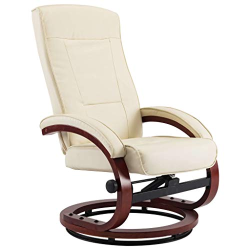 vidaXL Sillón Relax Reclinable Piel Sintética Madera Reposapiés Aparte Butaca Abatible Relajación Confort Reclinación Manual Cuero Artificial Crema