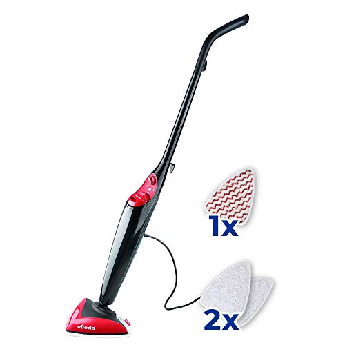 Vileda Steam Power Pad - Mopa a vapor con cabezal triangular, mopa eléctrica ligera con cable de 6 m, apta para suelos duros y moquetas 2 gamuzas de microfibras + 1 gamuza Power Pad, rojo y negro