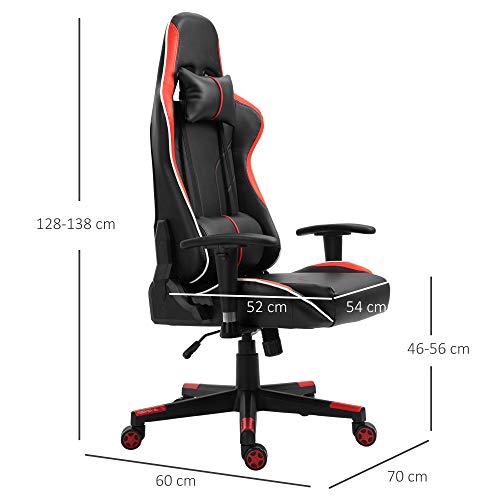 Vinsetto Racing Silla Reclinable hasta 160° Ajustable en Altura Profesional Silla Gaming Ergonómica con Reposacabezas Soporte Lumbar Cómodo 70x60x128-138 cm Negro Rojo