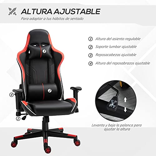 Vinsetto Racing Silla Reclinable hasta 160° Ajustable en Altura Profesional Silla Gaming Ergonómica con Reposacabezas Soporte Lumbar Cómodo 70x60x128-138 cm Negro Rojo