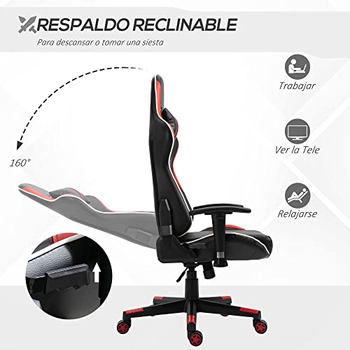 Vinsetto Racing Silla Reclinable hasta 160° Ajustable en Altura Profesional Silla Gaming Ergonómica con Reposacabezas Soporte Lumbar Cómodo 70x60x128-138 cm Negro Rojo