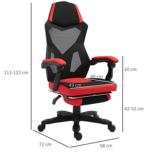 Vinsetto Silla de Oficina Ergonómica Silla de Escritorio Ajustable en Altura Giratoria 360° Reclinable hasta 135 Grados con Reposabrazos Reposapiés Retráctil 58x72x112-122 cm Rojo