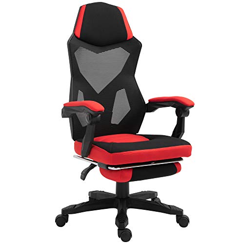 Vinsetto Silla de Oficina Ergonómica Silla de Escritorio Ajustable en Altura Giratoria 360° Reclinable hasta 135 Grados con Reposabrazos Reposapiés Retráctil 58x72x112-122 cm Rojo