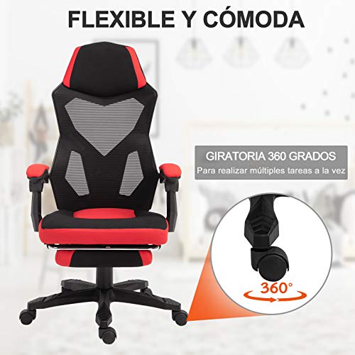 Vinsetto Silla de Oficina Ergonómica Silla de Escritorio Ajustable en Altura Giratoria 360° Reclinable hasta 135 Grados con Reposabrazos Reposapiés Retráctil 58x72x112-122 cm Rojo