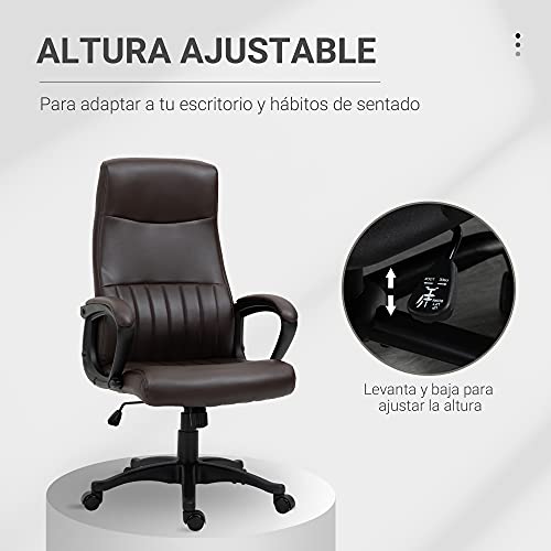 Vinsetto Silla de Oficina Ergonómica Silla de Escritorio Basculante y Giratoria 360° con Altura Ajustable Respaldo Alto y Reposabrazos Piel Sintética 61,5x66x113-123 cm Marrón