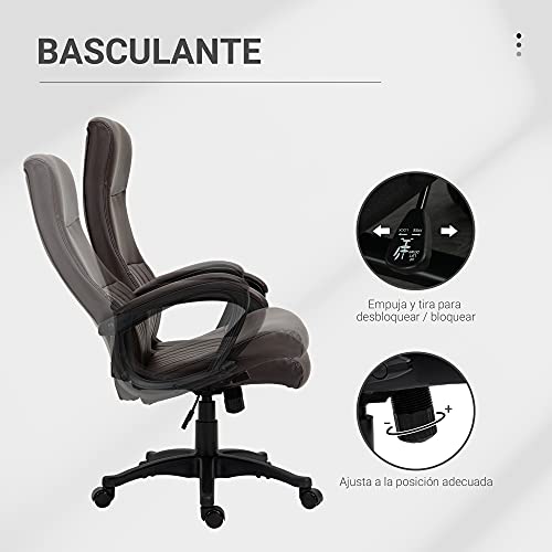 Vinsetto Silla de Oficina Ergonómica Silla de Escritorio Basculante y Giratoria 360° con Altura Ajustable Respaldo Alto y Reposabrazos Piel Sintética 61,5x66x113-123 cm Marrón