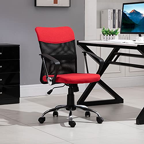 Vinsetto Silla de Oficina Ergonómica Silla de Escritorio Basculante y Giratoria con Altura Ajustable del Asiento Reposabrazos y Ruedas 57x57x93-103 cm Rojo