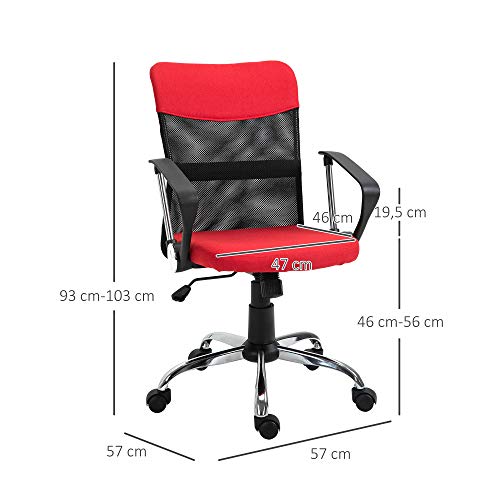 Vinsetto Silla de Oficina Ergonómica Silla de Escritorio Basculante y Giratoria con Altura Ajustable del Asiento Reposabrazos y Ruedas 57x57x93-103 cm Rojo