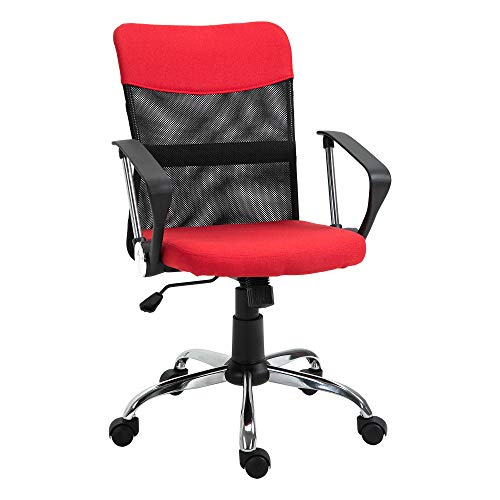 Vinsetto Silla de Oficina Ergonómica Silla de Escritorio Basculante y Giratoria con Altura Ajustable del Asiento Reposabrazos y Ruedas 57x57x93-103 cm Rojo