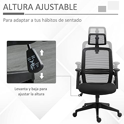 Vinsetto Silla de Oficina Ergonómica Silla Escritorio Giratoria con Altura Ajustable Reposacabezas Soporte Lumbar Regulables y Respaldo Transpirable 63,5x64,5x113-122 cm Negro