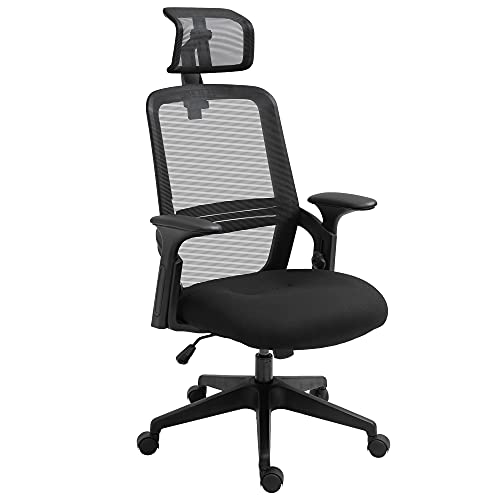 Vinsetto Silla de Oficina Ergonómica Silla Escritorio Giratoria con Altura Ajustable Reposacabezas Soporte Lumbar Regulables y Respaldo Transpirable 63,5x64,5x113-122 cm Negro