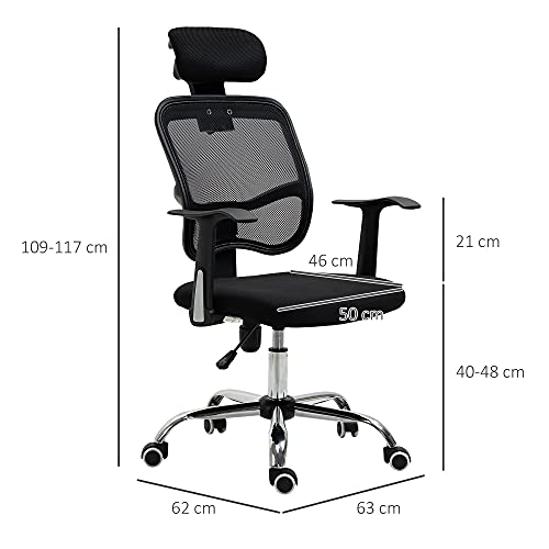 Vinsetto Silla de Oficina Giratoria Silla de Escritorio Ergonómica con Altura Ajustable Función de Inclinación Reposacabezas y Soporte Lumbar 63x62x109-117 cm Negro