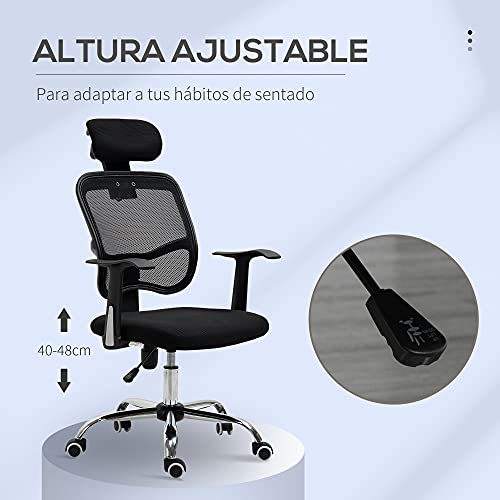 Vinsetto Silla de Oficina Giratoria Silla de Escritorio Ergonómica con Altura Ajustable Función de Inclinación Reposacabezas y Soporte Lumbar 63x62x109-117 cm Negro