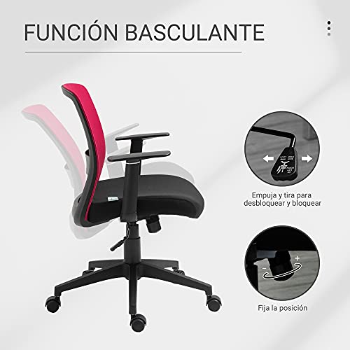 Vinsetto Silla de Oficina Silla Escritorio Giratoria con Altura Ajustable Reposabrazos Soporte Lumbar Respaldo Transpirable y Función Basculante 58x60x89-99 cm Fucsia