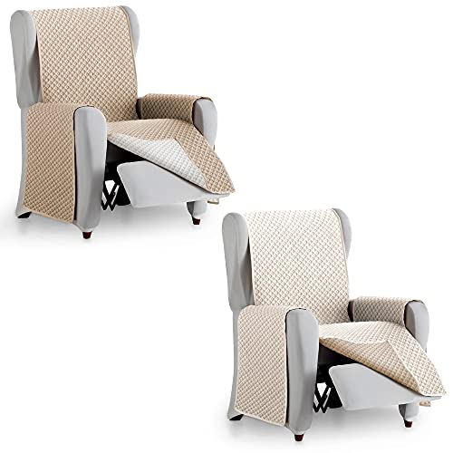 Vipalia Protector Funda Sillon Relax. Cubre Sofa 1 Plaza. Cubre Sillon reclinable Acolchado Reversible. Fundas para Sofa Antimanchas. Circulos. Color Beige - Marfil. Cubre Sofa 1 Plaza/Relax 55 cm