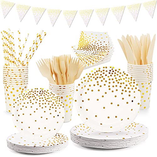 VIPNAJI Platos Cumpleaños Blanco 176 PCs Platos Vasos Servilletas Cubiertos Bandera Pajitas ​para Fiesta Boda Despedida de Soltera Aniversario Platos Navidad Blanco y Dorados(25 Invitados)