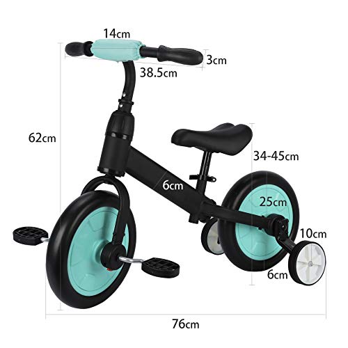 Viribus 3 en 1 Bicicleta para Niños de 12 Pulgadas con Pedales Extaíbles Bicicleta de Equilibrio con 2 Ruedas Auxiliares Triciclo para Niños con Asiento Ajustable Capacidad 50kg (Azul)