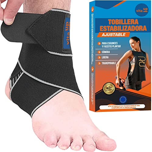 VITA UP | Tobillera Estabilizadora para Esguince y Fascitis Plantar, Protector de Compresión Ajustable y Elástico para el Tobillo, Hombre y Mujer, Deportiva, Correr, Boxeo, Fútbol y Otros (Gris)