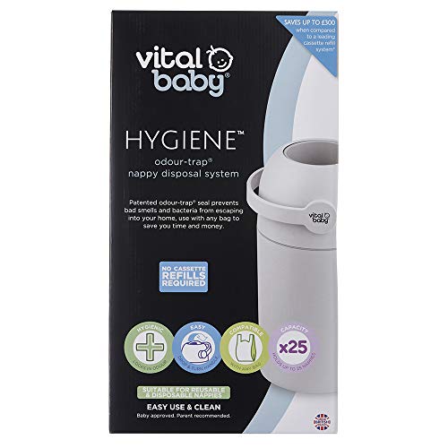 Vital Baby HYGIENE - Sistema de eliminación de olores para pañales, sin rellenos, sin olor, color gris, con capacidad para hasta 25 pañales, apto para pañales desechables y reutilizables