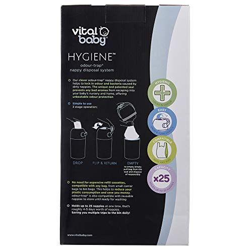 Vital Baby HYGIENE - Sistema de eliminación de olores para pañales, sin rellenos, sin olor, color gris, con capacidad para hasta 25 pañales, apto para pañales desechables y reutilizables