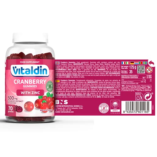 VITALDIN Cranberry gummies – 500 mg de extracto de Arándano Rojo por dosis diaria + Zinc – 70 gominolas (suministro para 1 mes), sabor a Arándanos – Ayuda al Tracto Urinario – Vegano & Sin Gluten