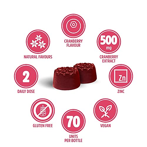 VITALDIN Cranberry gummies – 500 mg de extracto de Arándano Rojo por dosis diaria + Zinc – 70 gominolas (suministro para 1 mes), sabor a Arándanos – Ayuda al Tracto Urinario – Vegano & Sin Gluten