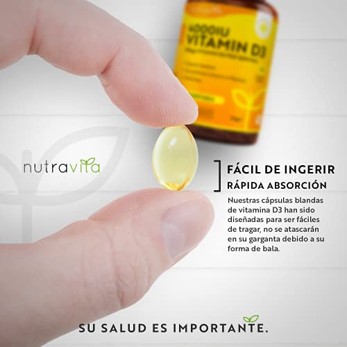 Vitamina D 4000 UI - Fuerza máxima - 400 cápsulas blandas fáciles de tragar - Suministro para más de un año - VIT D3 de alta resistencia - Fabricado en el Reino Unido por Nutravita