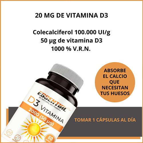 Vitamina D3 Complemento esencial para evitar el cansancio y absorber el calcio necesario para los huesos | Vitamina esencial para mejorar tu salud 60 Cápsulas vegetales de 550 mg NOVEDAD