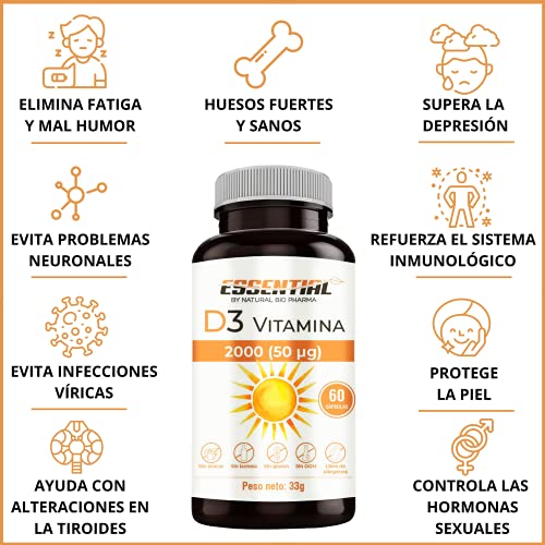 Vitamina D3 Complemento esencial para evitar el cansancio y absorber el calcio necesario para los huesos | Vitamina esencial para mejorar tu salud 60 Cápsulas vegetales de 550 mg NOVEDAD