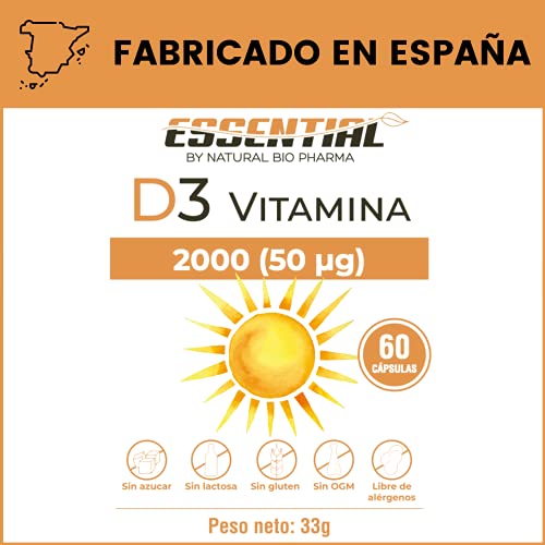 Vitamina D3 Complemento esencial para evitar el cansancio y absorber el calcio necesario para los huesos | Vitamina esencial para mejorar tu salud 60 Cápsulas vegetales de 550 mg NOVEDAD