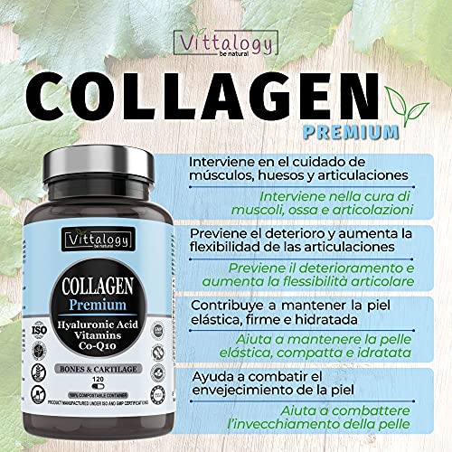 Vittalogy. Collagen Premium. Suplemento Natural De Colágeno Hidrolizado Marino Con Ácido Hialurónico, Magnesio, Coenzima Q10 Y Vitaminas A, B12, C Y D. 120 Cápsulas.