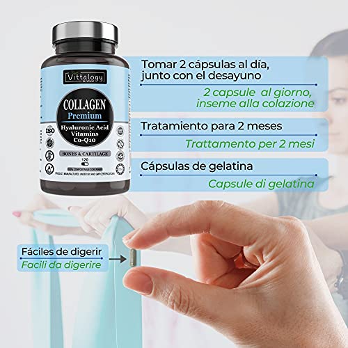 Vittalogy. Collagen Premium. Suplemento Natural De Colágeno Hidrolizado Marino Con Ácido Hialurónico, Magnesio, Coenzima Q10 Y Vitaminas A, B12, C Y D. 120 Cápsulas.