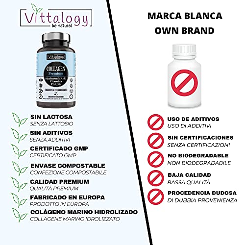 Vittalogy. Collagen Premium. Suplemento Natural De Colágeno Hidrolizado Marino Con Ácido Hialurónico, Magnesio, Coenzima Q10 Y Vitaminas A, B12, C Y D. 120 Cápsulas.