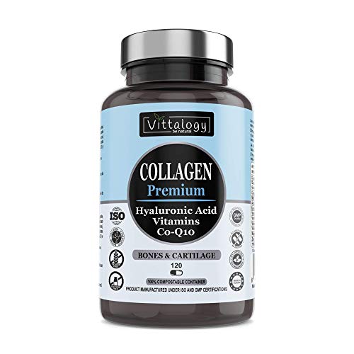 Vittalogy. Collagen Premium. Suplemento Natural De Colágeno Hidrolizado Marino Con Ácido Hialurónico, Magnesio, Coenzima Q10 Y Vitaminas A, B12, C Y D. 120 Cápsulas.