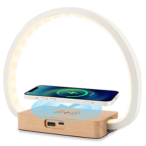 vitutech Lámpara de Mesita de Noche Regulable, Lámpara de Noche con cargador inalámbrico de 10 W y carga USB, 3 niveles de brillo luz Control Táctil lámpara de mesa para dormitorio estudio o oficina