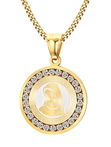 VNOX De Acero Inoxidable Cubic Zirconia Virgen María Colgante Collar Amuleto De Oro De La Joyería,Grabado Gratis