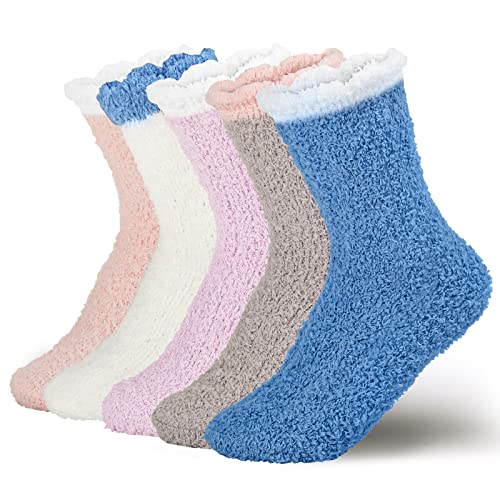 VoJoPi Calcetines Termicos Mujer, 5 pares Suaves Esponjosos Calentitos Calcetines Mujer Invierno, Cómodos Elásticos Calcetines Casa Dormir para Mujeres y Niñas, Tamaño 35-41