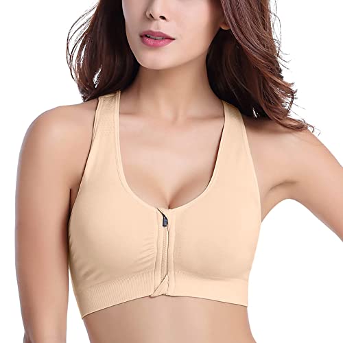 Voqeen Sujetador Deportivo Mujer con Cremallera Frontal de Alto Impacto Sexy Push Up con Almohadillas Extraíbles Bra Deporte de Diaria Slim Fit sin Aros de Acero Chaleco (Piel, L)