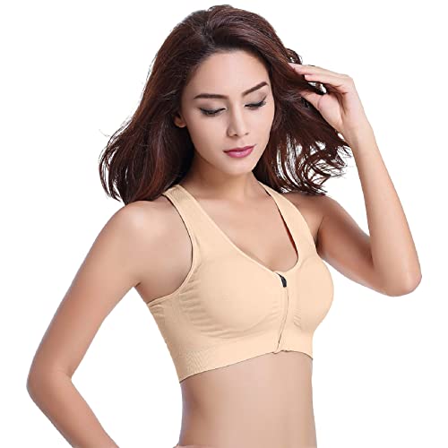 Voqeen Sujetador Deportivo Mujer con Cremallera Frontal de Alto Impacto Sexy Push Up con Almohadillas Extraíbles Bra Deporte de Diaria Slim Fit sin Aros de Acero Chaleco (Piel, L)