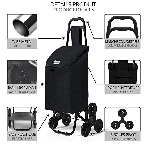 VOUNOT Carro de la Compra con 6 Ruedas para Subir Escaleras, Carrito de la Compra Plegable, Bolsa Impermeable de 32 L, Carbón