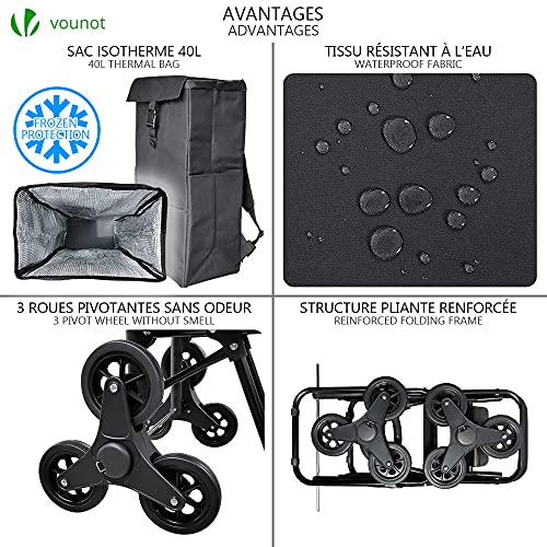 VOUNOT Carro de la Compra Plegables con 6 Ruedas y Bolsa Termica de 40 L, para Subir Escaleras, Negro