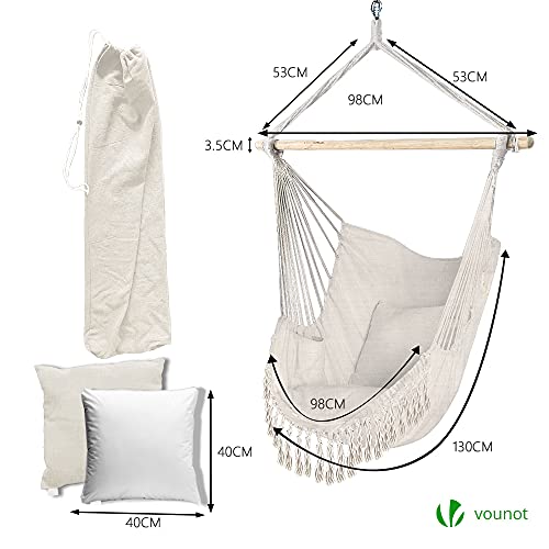 VOUNOT Silla Colgante Exterior con Flecos, Silla Hamaca Columpio de Algodón con 2 Cojines, Barra Separadora de Madera, Hamaca Portátil para Interior y Exterior, Beige