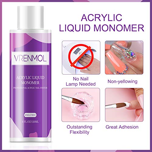 Vrenmol 120ml acrílico líquido monómero - polímero profesional sistema de decoración de uñas acrílicas de mayor capacidad para extensión de uñas en polvo acrílico fórmula no amarillenta, sin MMA