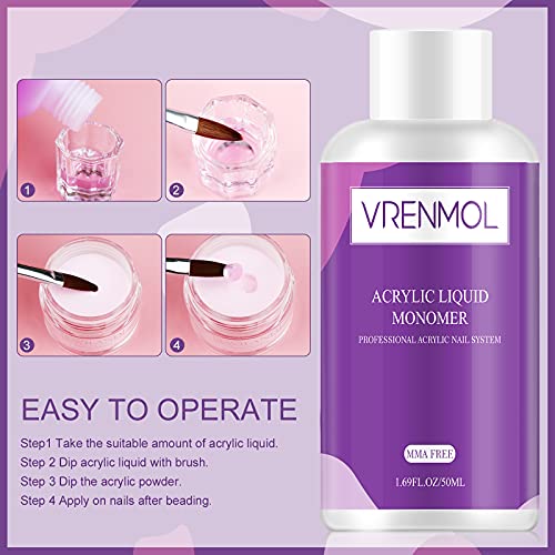 Vrenmol 50ml acrílico líquido monómero - polímero profesional sistema de decoración de uñas acrílicas de mayor capacidad para extensión de uñas en polvo acrílico fórmula no amarillenta, sin MMA