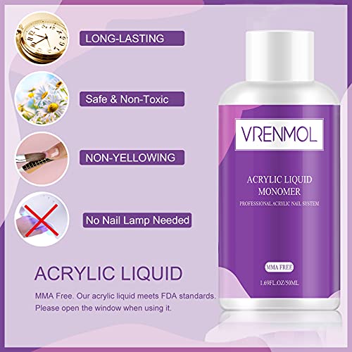 Vrenmol 50ml acrílico líquido monómero - polímero profesional sistema de decoración de uñas acrílicas de mayor capacidad para extensión de uñas en polvo acrílico fórmula no amarillenta, sin MMA